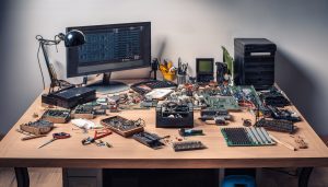 Messy workbench with scattered electronic components indicating lack of organization