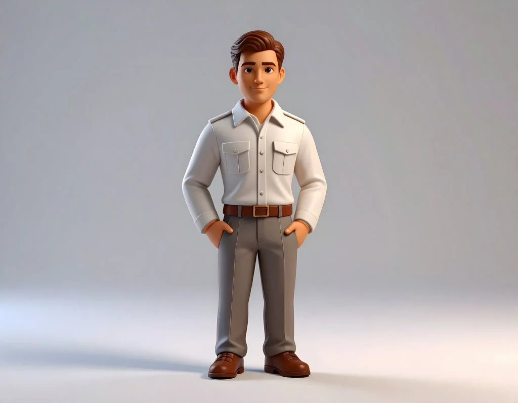 AI-generated full-body character figure in white shirt and gray pants, ideal for DIY personalization