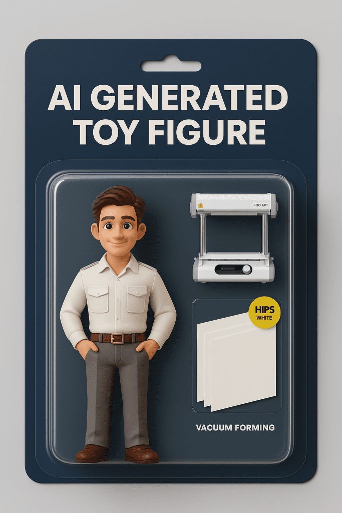 Illustrated steps for AI figure production, including 3D modeling and blister packaging