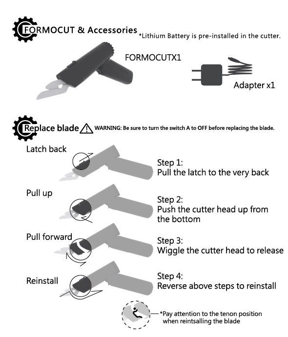 FORMOCUT blade replacement guide showing package contents, blade removal, reinstallation steps, and cutter head alignment for trimming vacuum formed plastic parts.