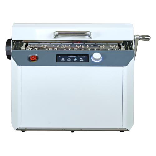 Front view of the FORMOVA smart vacuum forming machine with touchscreen controls, rotary knob, emergency stop button, and operating handle.