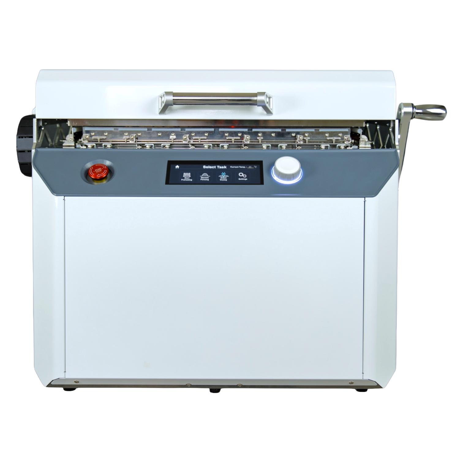 Front view of the FORMOVA smart vacuum forming machine with touchscreen controls, rotary knob, emergency stop button, and operating handle.