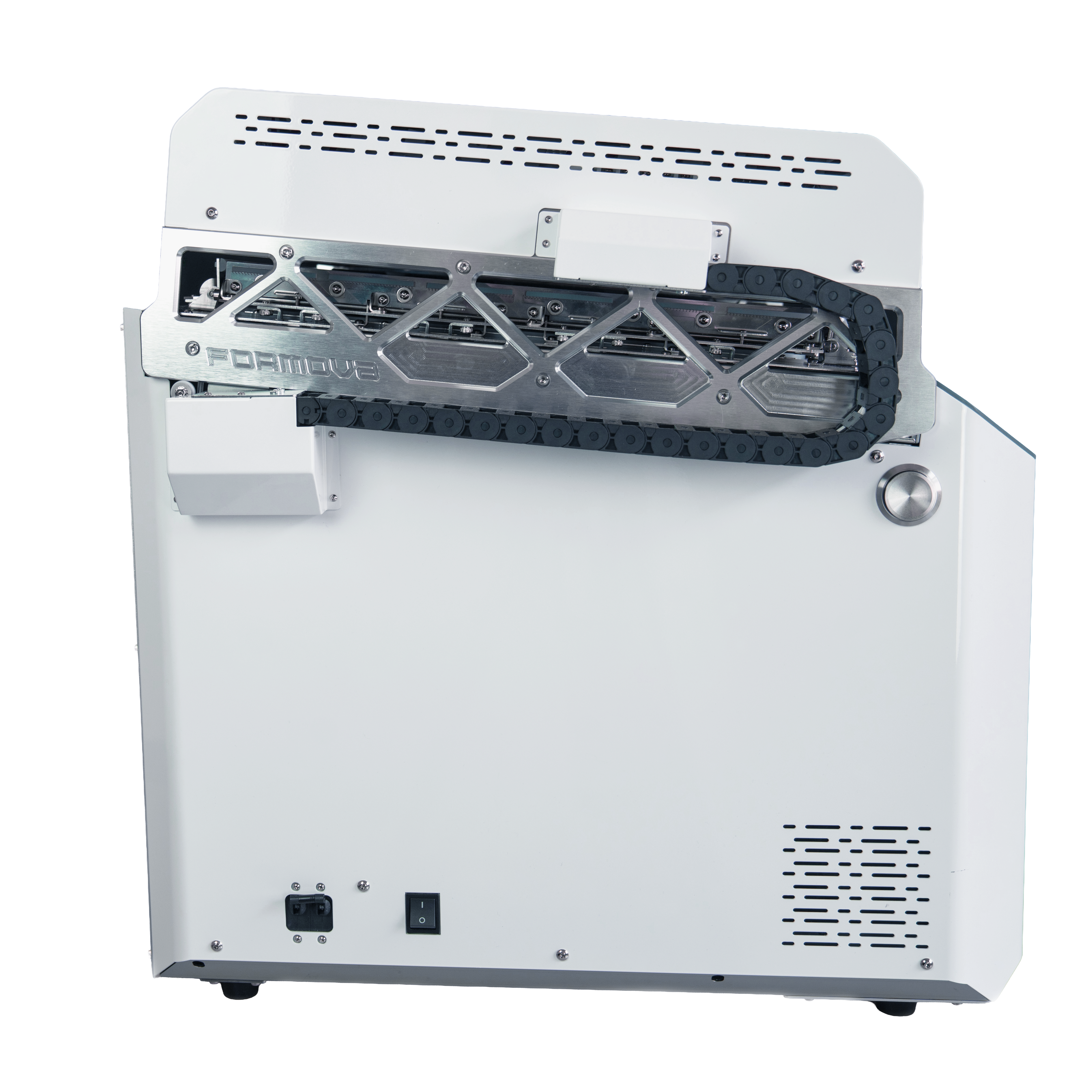 Side view of the FORMOVA smart vacuum forming machine showing the heater slide mechanism, cable carrier, power switch, and ventilation grille.